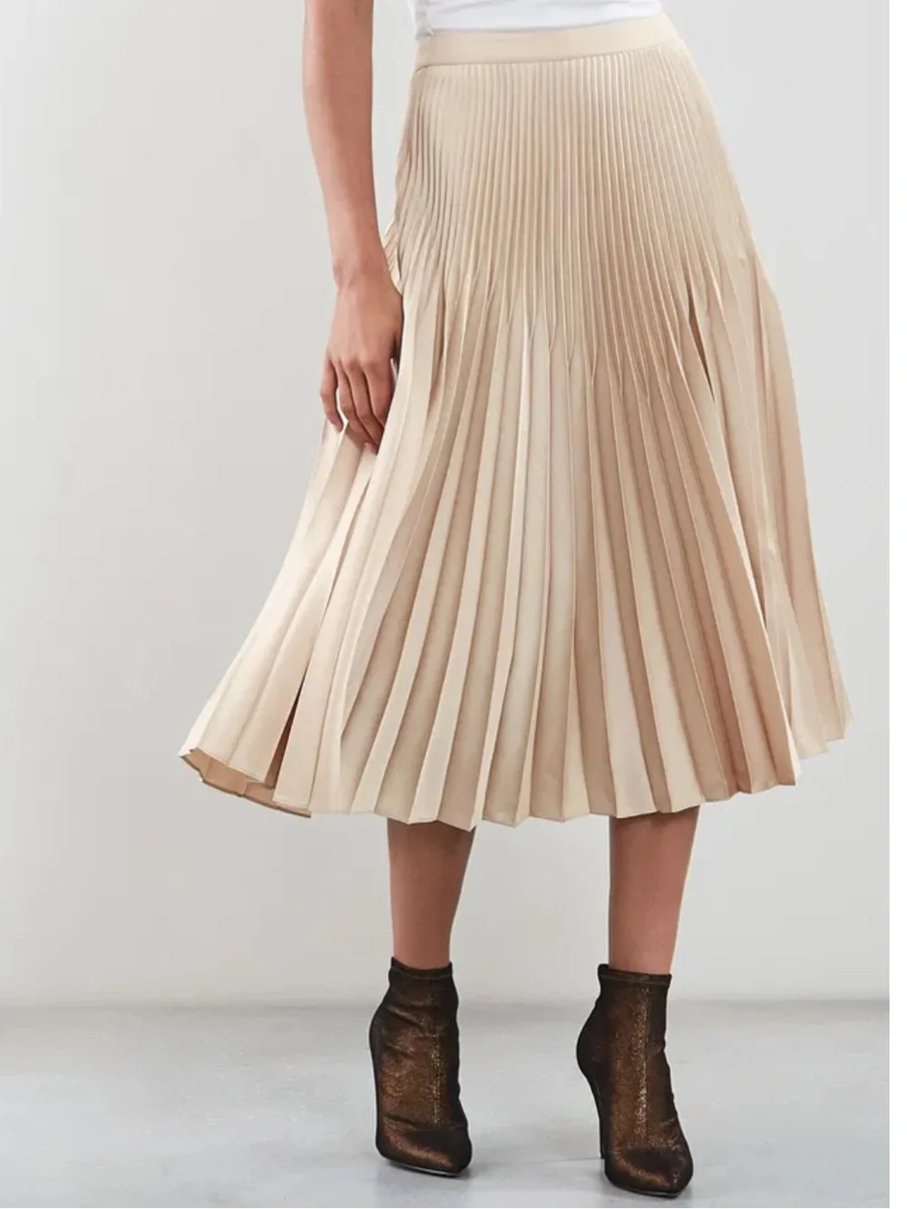 NWT Reiss Isidora Knife Pleated Midi Skirt in Gold Metallic - US 4/UK 8